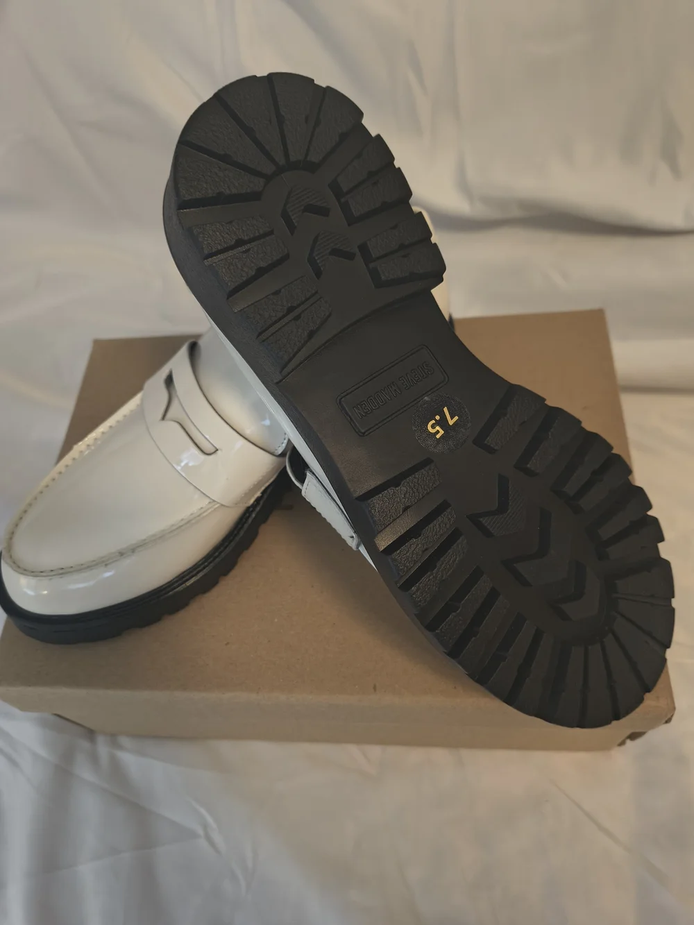 Steve Madden Men’s White Patent Penny Loafers with Black Lug Sole